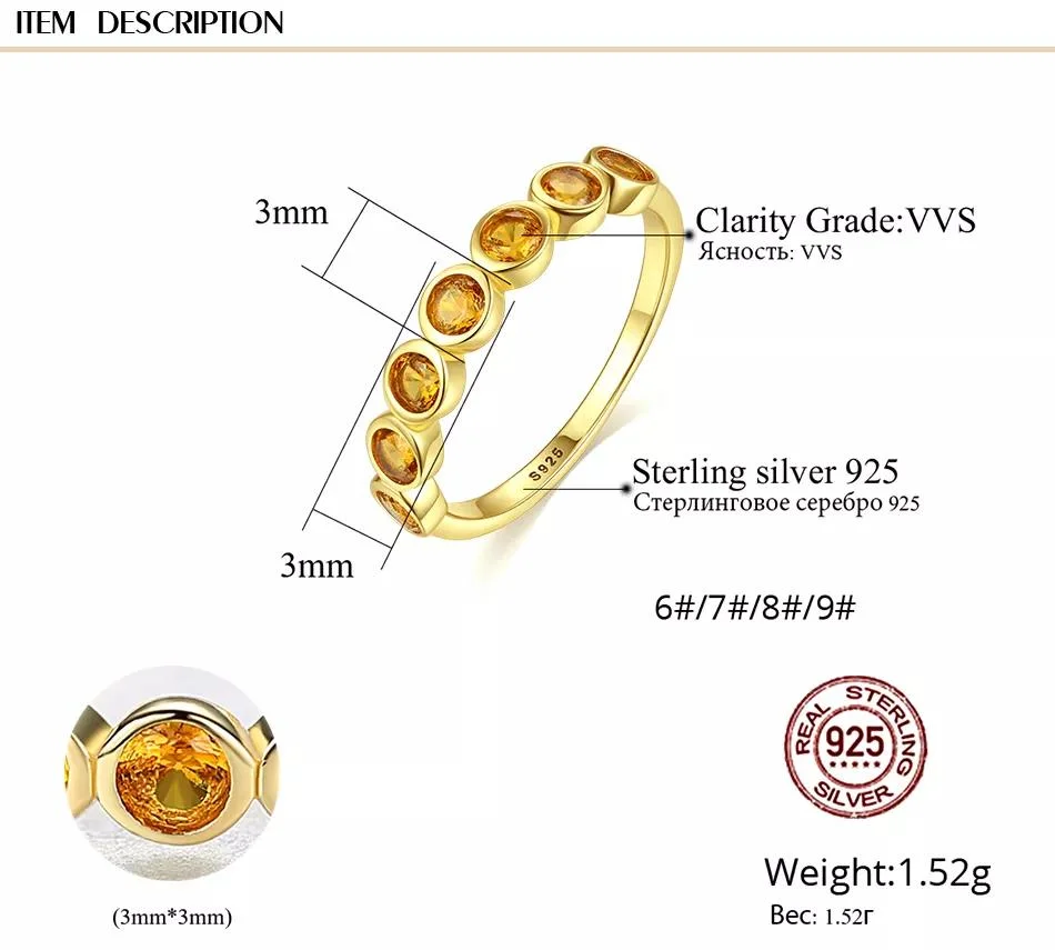 925 Sterling Silver Crystal Gold Jewelry Girl New Fashion Plated Yellow Diamond Finger Simple Ring