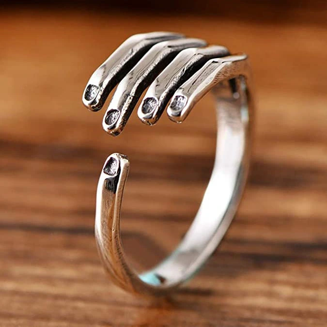 Stainless Steel Hand Rings for Women Men Adjustable Silver Hug Ring Wedding Bands Retro Ring Jewelry Ideal Party Gifts