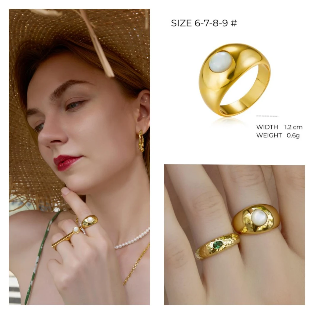 Wholesale Minimalism Fashion Jewelry Natural Mother of Pearl Rings 18K Gold Plated Copper Rings for Women