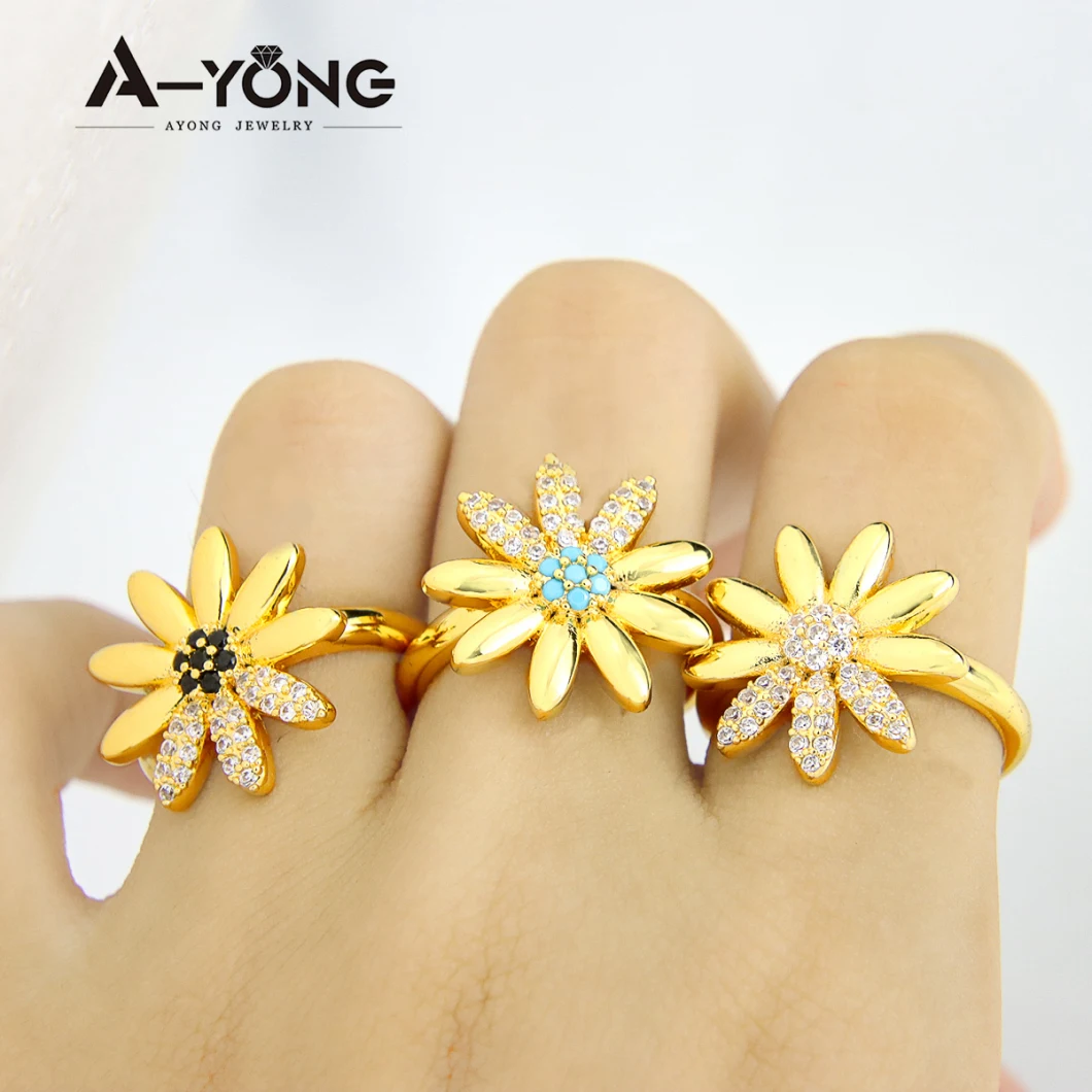 Popular Selling Brass Turquoise Colored Flower Zircon Gold Rings for Women 18K