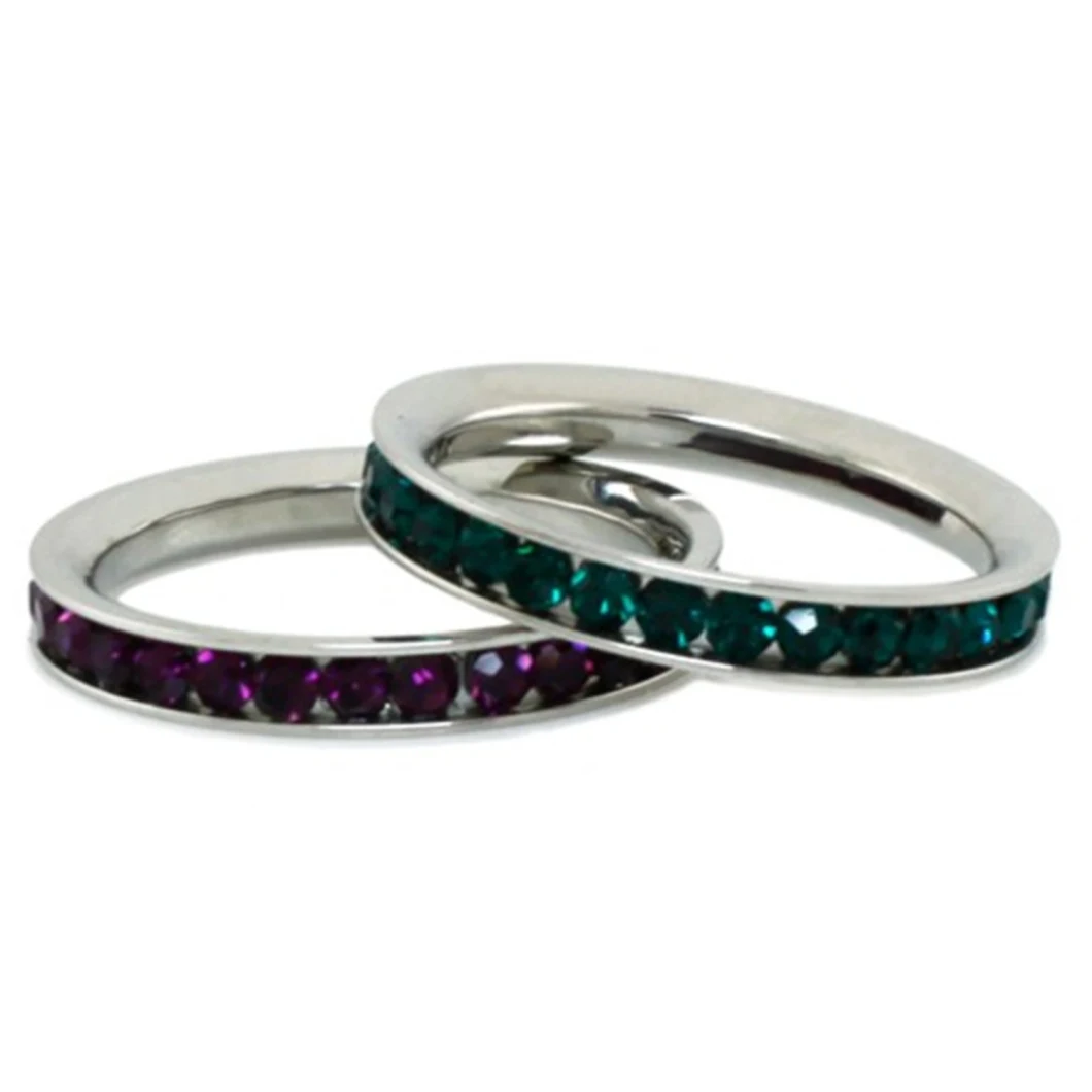 Stainless Steel Eternity Emerald &amp; Amethyst Color Crystal Stackable Rings