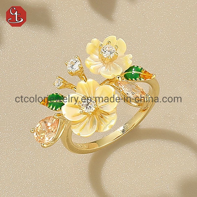 Fashion beautiful shell flower jewelry elegant gold flower zirconia ring for accessories