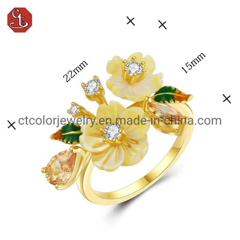 Fashion beautiful shell flower jewelry elegant gold flower zirconia ring for accessories