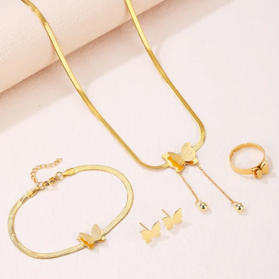 Gold Stainless Steel Butterfly Pendant Necklace and Earrings Bracelet Ring Four-Piece Set