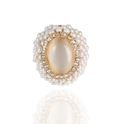 Oval Pearl Diamond White Jade Rose Gold Ring