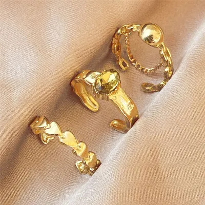 Gold Sliver Filled Chain Rings Set Geometric Star Moon Ball Heart Open Rings