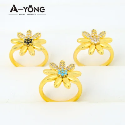 Popular Selling Brass Turquoise Colored Flower Zircon Gold Rings for Women 18K