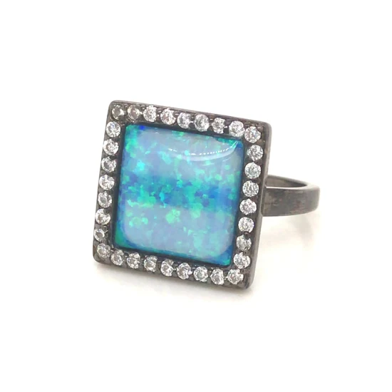 Charm Big Square Blue Fire Opal Rings for Women Vintage Fashion Black Gold Ring