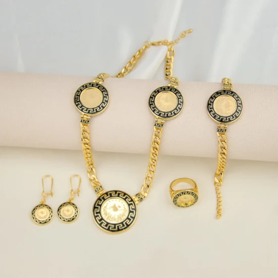 Hot Selling Jewellery Necklace Earring Bracelet Ring Gold 4PCS Costume Jewelry Set Brass 18K Gold Coin Arabic Jewelry Set