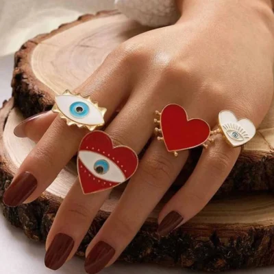 Trendy Dripping Oil Heart Shape Ring Love Resizable Evil Eye Ring