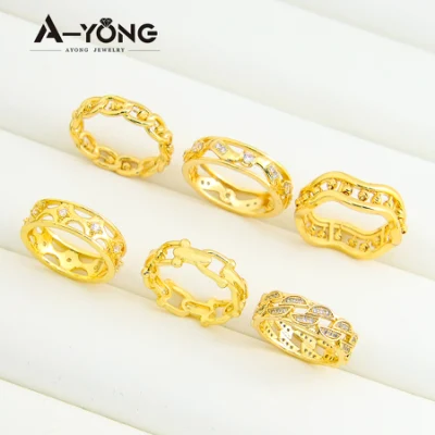 Wholesale Charms Copper Hollow out Linked Finger 24K Gold Jewelry Zircon Rings Women