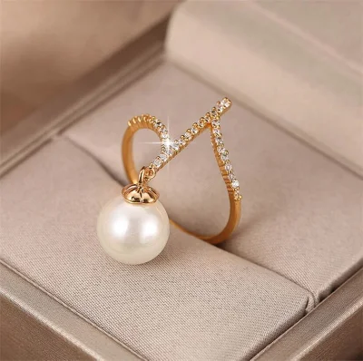 Diamond Gold and Silver Ladies Musical Note Elegant Ring White Freshwater Pearl Ring