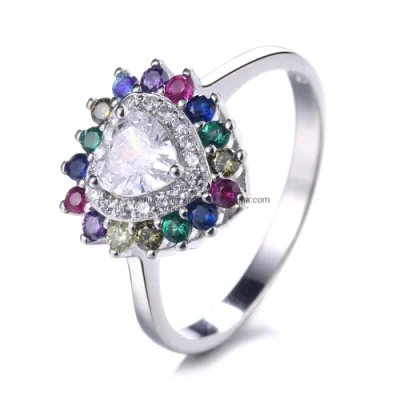 Women Heart Gemstone Ring with Colorful CZ Stones Wedding Rings in Real Silver 925