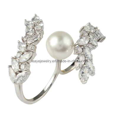 Fashion Diamond Jewellery Two Fingers Ring with Shell Pearl for Women 925 Silver Jewelry