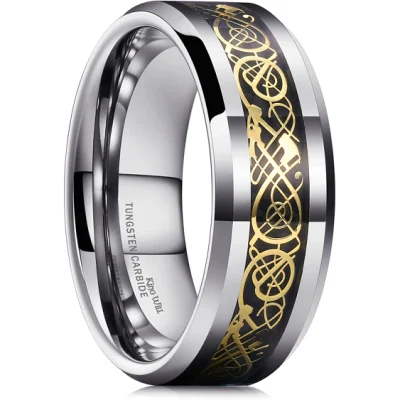 Tungsten Carbide Ring Beveled Edges and Metal Dragon Inlay 8mm