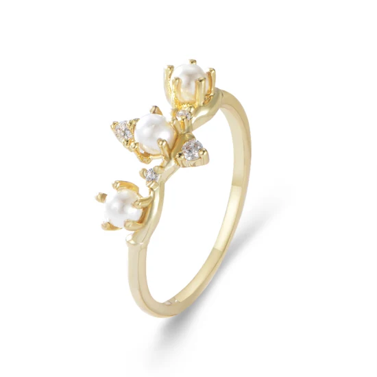 Unique Elegant Shining Prong Setting Real Gold Plated Female Artificial Pearl Ring