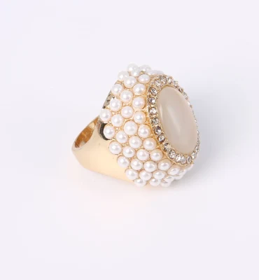 Cat Eye and Small Plastic Pearl Fashion Ring Gold Plated