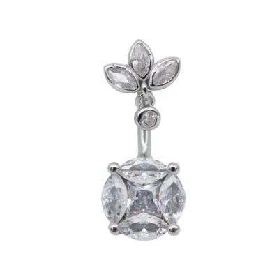 925 Sterling Silver Lotus Flower Round CZ Crystal Belly Button Navel Ring